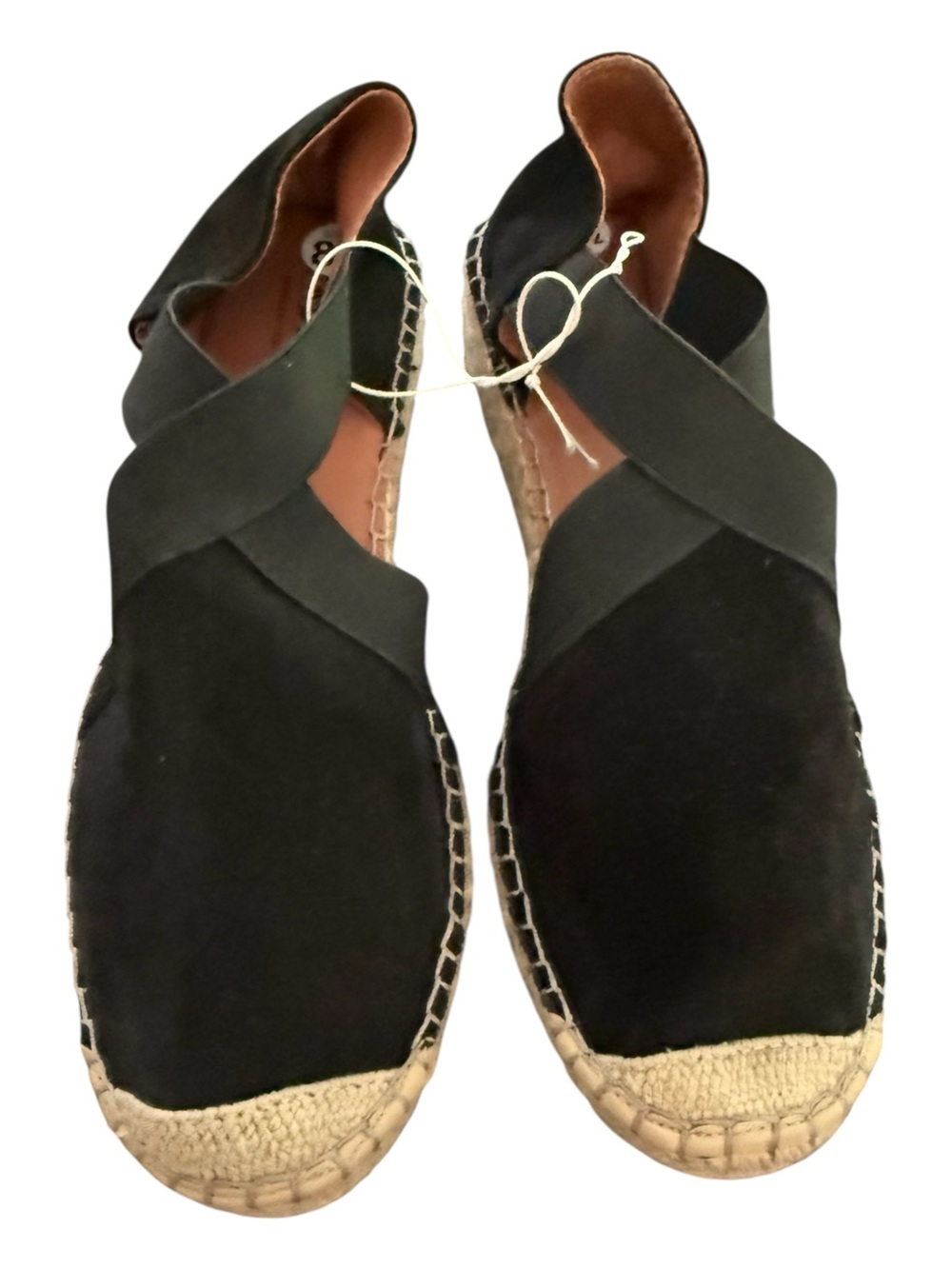 Fabiolas Black Suede Espadrille Flats Criss Cross Sandals 8.5 Boho Coastal NWOT - Picture 2 of 7